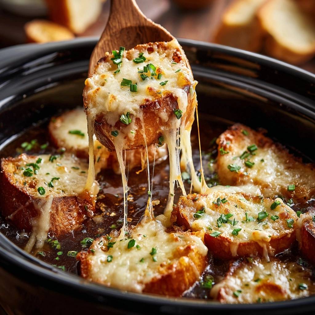 Slowcooker Franzosische Zwiebelsuppe Kaesestrand 1 Französische Zwiebelsuppe im Slowcooker, serviert mit geschmolzenem Käse, der sich appetitlich von den Brotscheiben zieht.