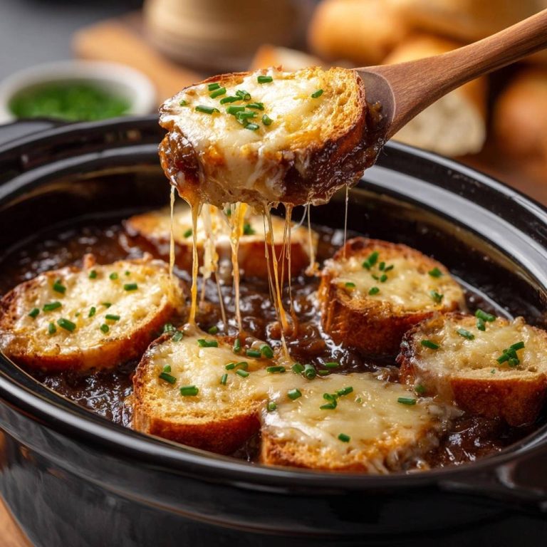 Französische Zwiebelsuppe aus dem Slowcooker, serviert mit geschmolzenem Käse, der appetitlich Fäden zieht. Ein Genuss!