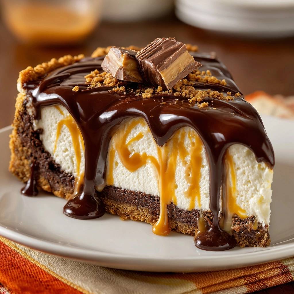 Snickers Cheesecake Querschnitt Serviert 1 Snickers-Cheesecake: Ein köstlicher Anschnitt des dekadenten Kuchens, der auf einem Teller serviert wird, mit Schokosauce.