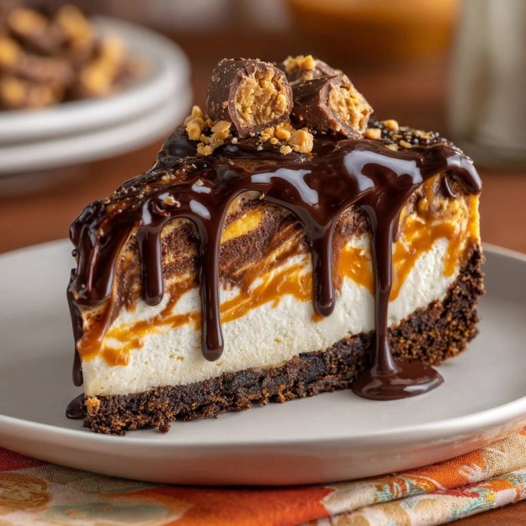 Snickers-Cheesecake in Nahaufnahme serviert, zeigt einen dekadenten Querschnitt mit Schokosauce und Erdnussbutter-Topping auf einem Teller.