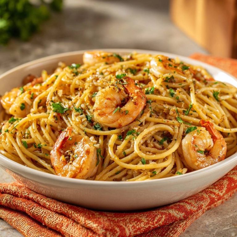 Spaghetti Aglio e Olio mit Garnelen in einer weißen Schüssel von oben gesehen, mit saftigen Garnelen und frischer Petersilie garniert.