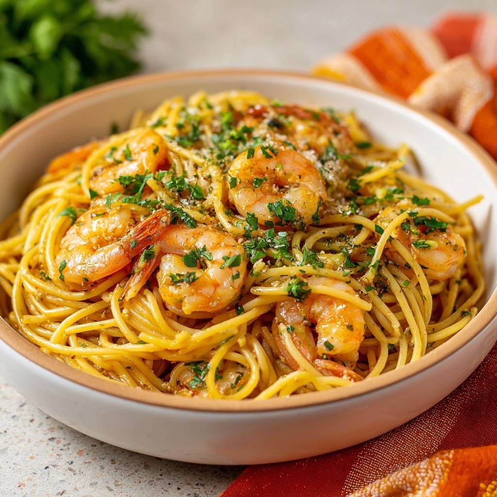 Spaghetti Aglio E Olio Mit Garnelen Draufsicht Serviert 1 Spaghetti Aglio e Olio mit Garnelen serviert in einer Schüssel, garniert mit frischer Petersilie und Parmesan. Ein köstliches Nudelgericht, das in 30 Minuten fertig ist.