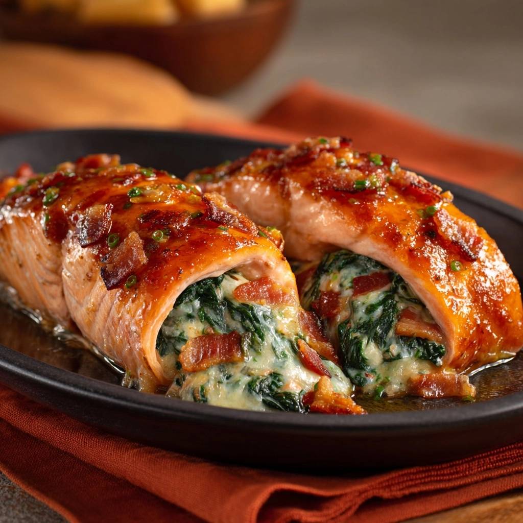 Speck Gewickelter Spinat Lachs Querschnitt 1 Speck-gewickelter Spinat-Lachs, ein saftiges Gericht, präsentiert einen detaillierten Querschnitt, der die cremige Spinatfüllung offenbart.
