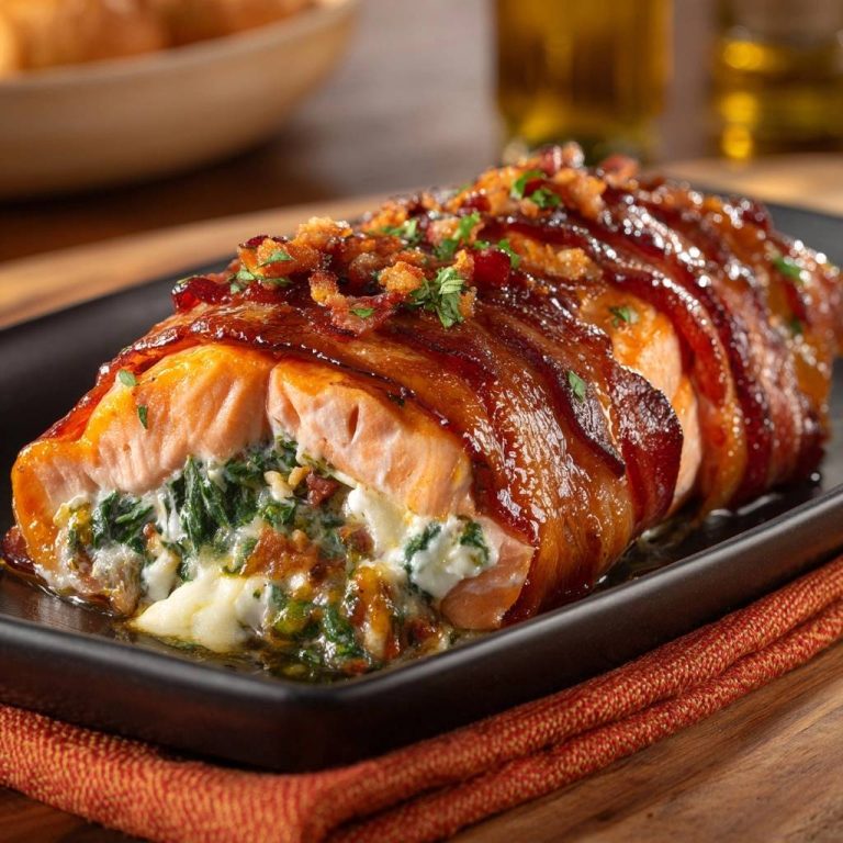 Speck-gewickelter Spinat-Lachs zeigt eine Nahaufnahme des saftigen Innenlebens, gefüllt mit Spinat und Frischkäse, angerichtet auf einem schwarzen Teller.