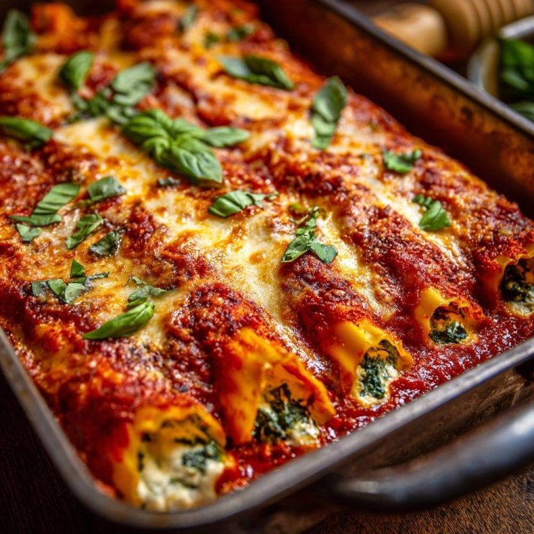 Spinat-Ricotta-Cannelloni in Nahaufnahme, bedeckt mit geschmolzenem Käse und frischem Basilikum, dampfend aus dem Ofen.