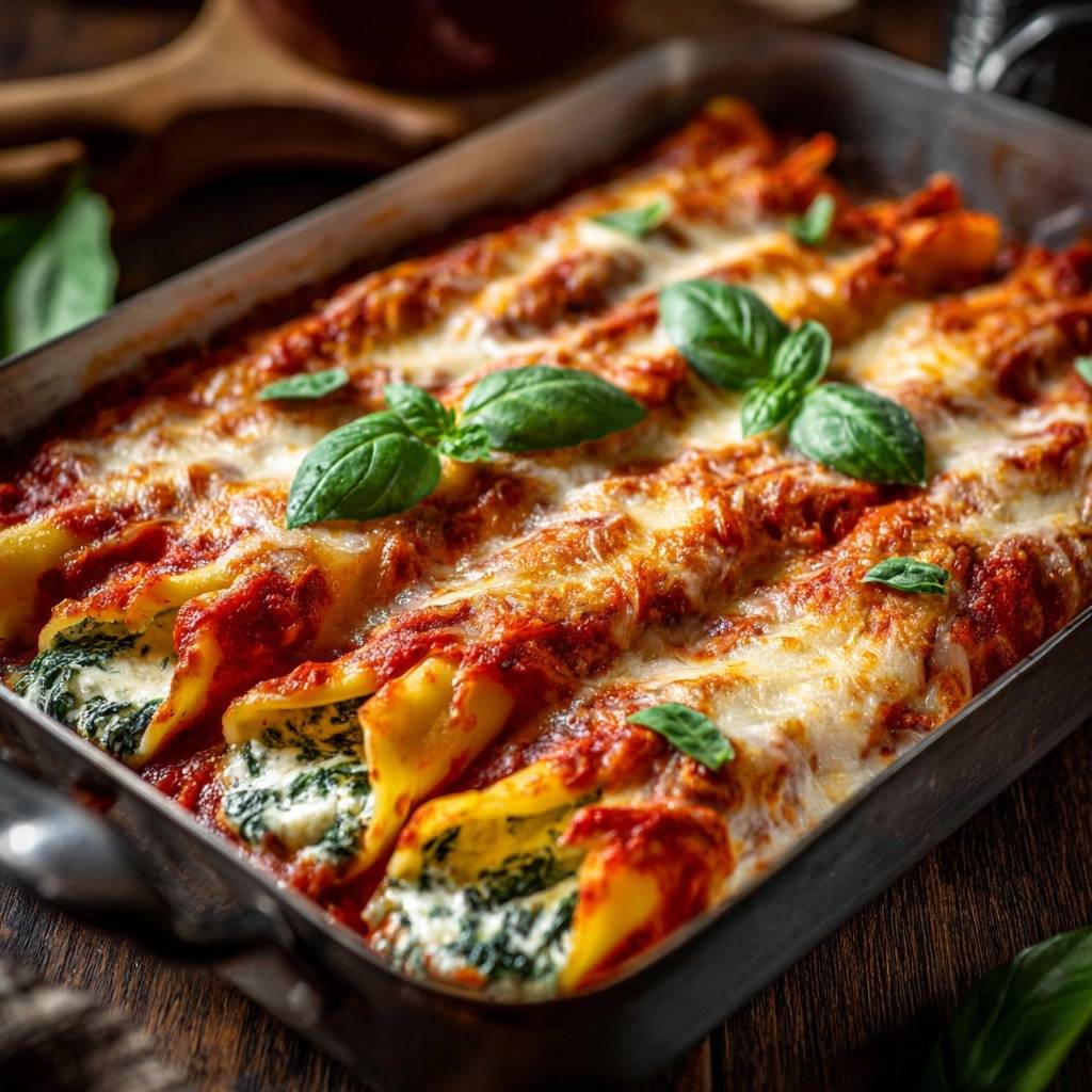 Spinat Ricotta Cannelloni Nahaufnahme Garniert 1 Spinat-Ricotta-Cannelloni in Nahaufnahme, garniert mit frischen Basilikumblättern, gebacken in einer Auflaufform.