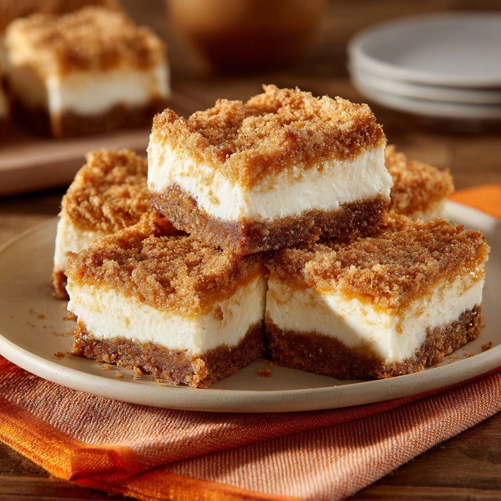 Streuselkäsekuchen Bars, serviert auf einem Teller, zeigen einen köstlichen Querschnitt mit cremiger Käsekuchenfüllung und knusprigen Streuseln.