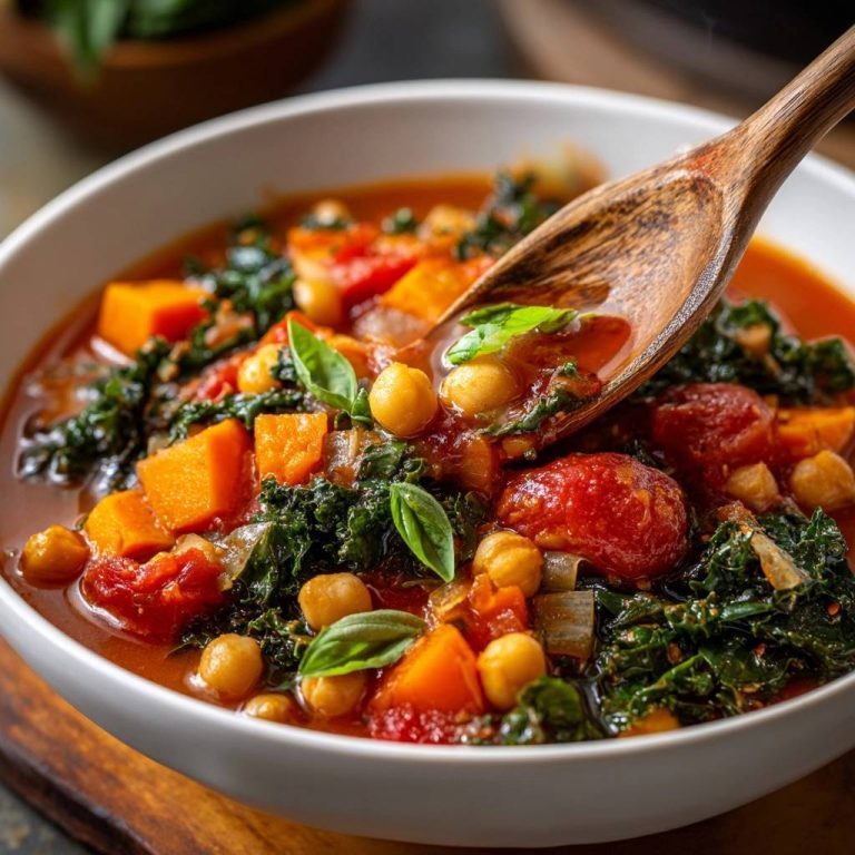 Süßkartoffel-Kichererbsen-Kale-Eintopf in einer weißen Schüssel, Nahaufnahme mit einem Löffel, der die Zutaten zeigt: Süßkartoffeln, Kichererbsen und Kale.