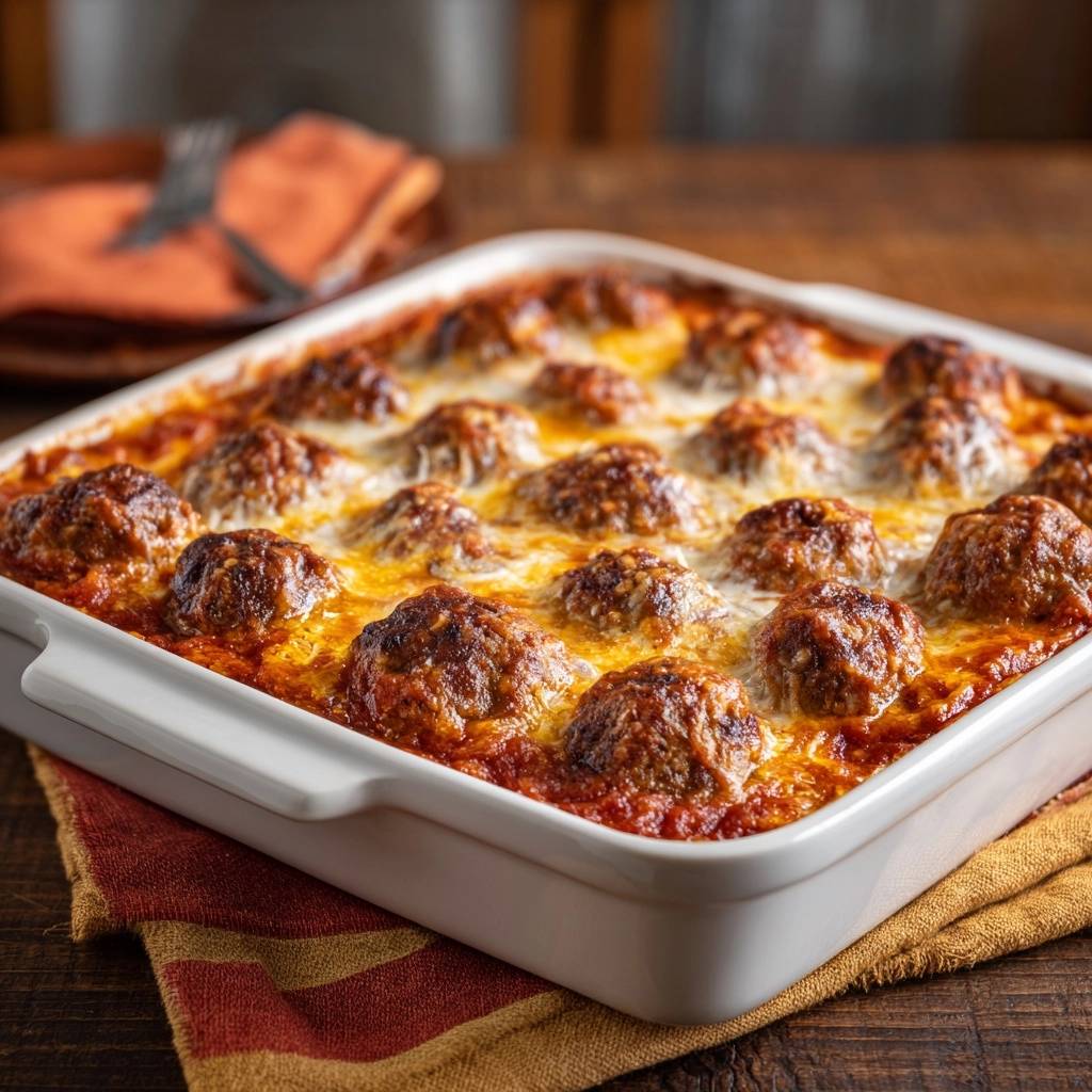 Ueberbackene Fleischbaellchen In Tomaten Nahaufnahme 1 Überbackene Fleischbällchen in Tomatensoße aus nächster Nähe, bedeckt mit geschmolzenem Käse in einer Auflaufform serviert.