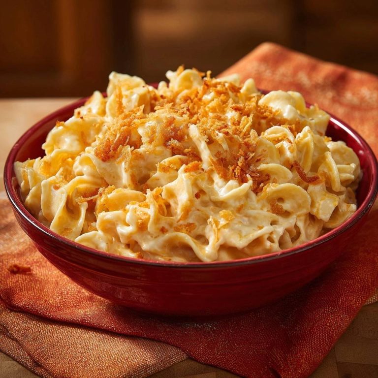 Überbackene Käsemakkaroni mit knuspriger Kruste in einer roten Schüssel, aus nächster Nähe betrachtet, mit goldbraunen, krossen Toppings.