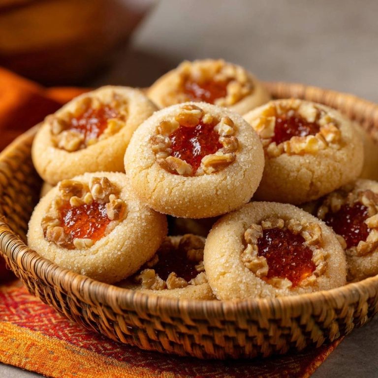 Walnuss-Marmeladen-Plätzchen in einer Nahaufnahme, die die glitzernde Zuckerschicht und die fruchtige Marmelade in den Keksen zeigt.