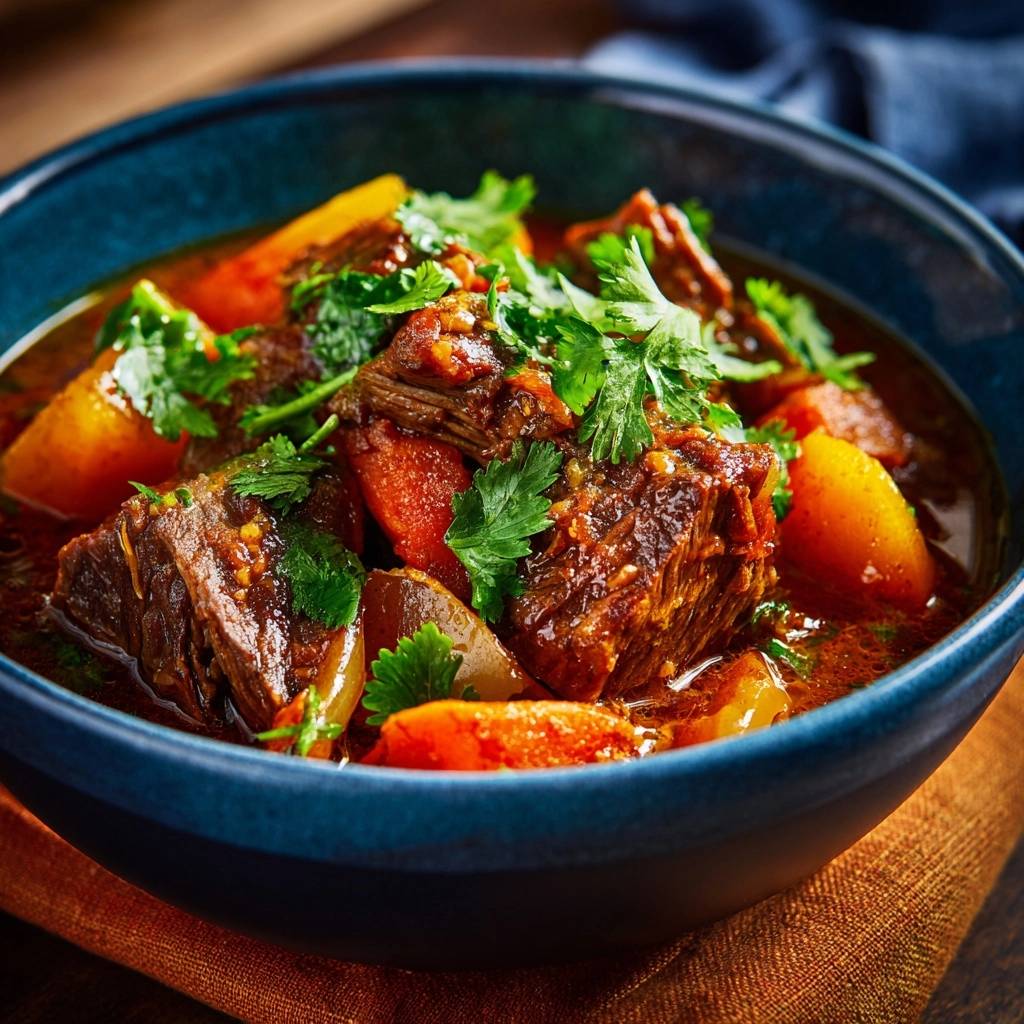 Wurziges Rind Kurbis Gulasch Nahaufnahme 1 Würziges Rind-Kürbis-Gulasch in Nahaufnahme: Zarte Fleischstücke und Kürbisstücke in einer aromatischen Sauce, garniert mit frischer Petersilie.
