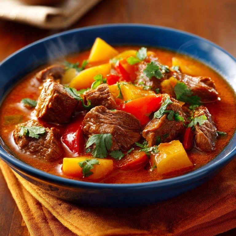 Würziges Rind-Kürbis-Gulasch in Nahaufnahme serviert, mit zarten Fleischstücken, Kürbis und Paprika in einer dampfenden Schüssel.