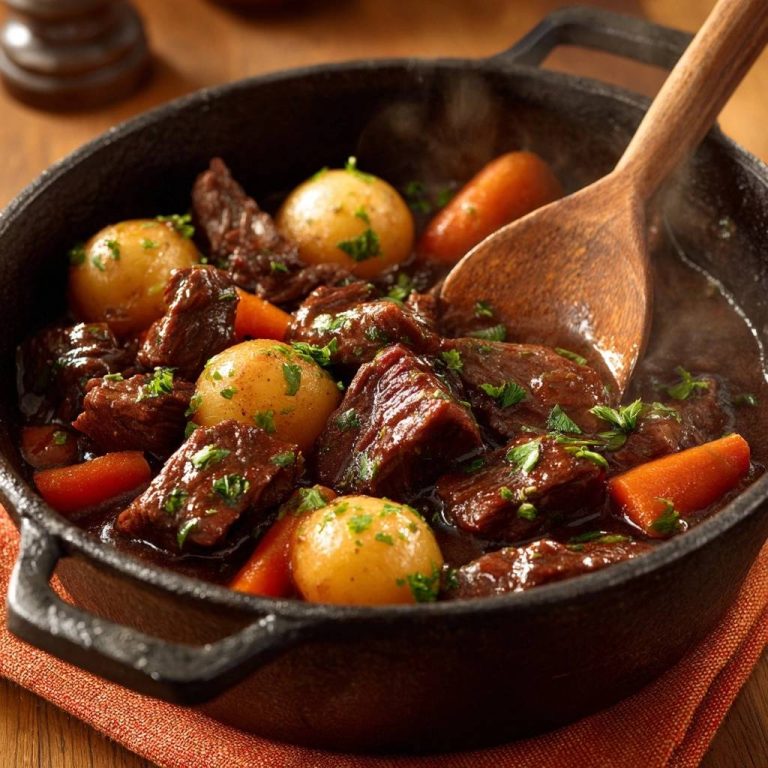 Zartes Rindergulasch mit Babykartoffeln in einer gusseisernen Pfanne, eine Nahaufnahme mit frischen Kräutern garniert und serviert.