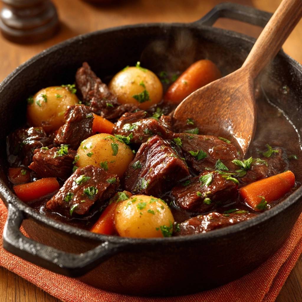 Zartes Rindergulasch mit Babykartoffeln in einer gusseisernen Pfanne, eine Nahaufnahme mit frischen Kräutern garniert und serviert.