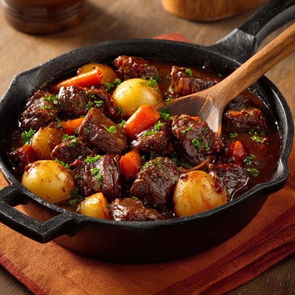 Zartes Rindergulasch Mit Babykartoffeln Serviert 1 Zartes Rindergulasch mit Babykartoffeln, serviert in einer gusseisernen Pfanne, garniert mit frischer Petersilie und bereit zum Servieren.