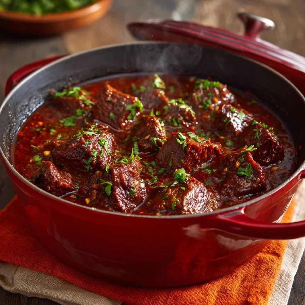 Zartes Rindergulasch Nahaufnahme Mit Dampf 1 Zartes Rindergulasch in einer roten Pfanne, eine Nahaufnahme mit aufsteigendem Dampf, frisch mit Petersilie garniert.