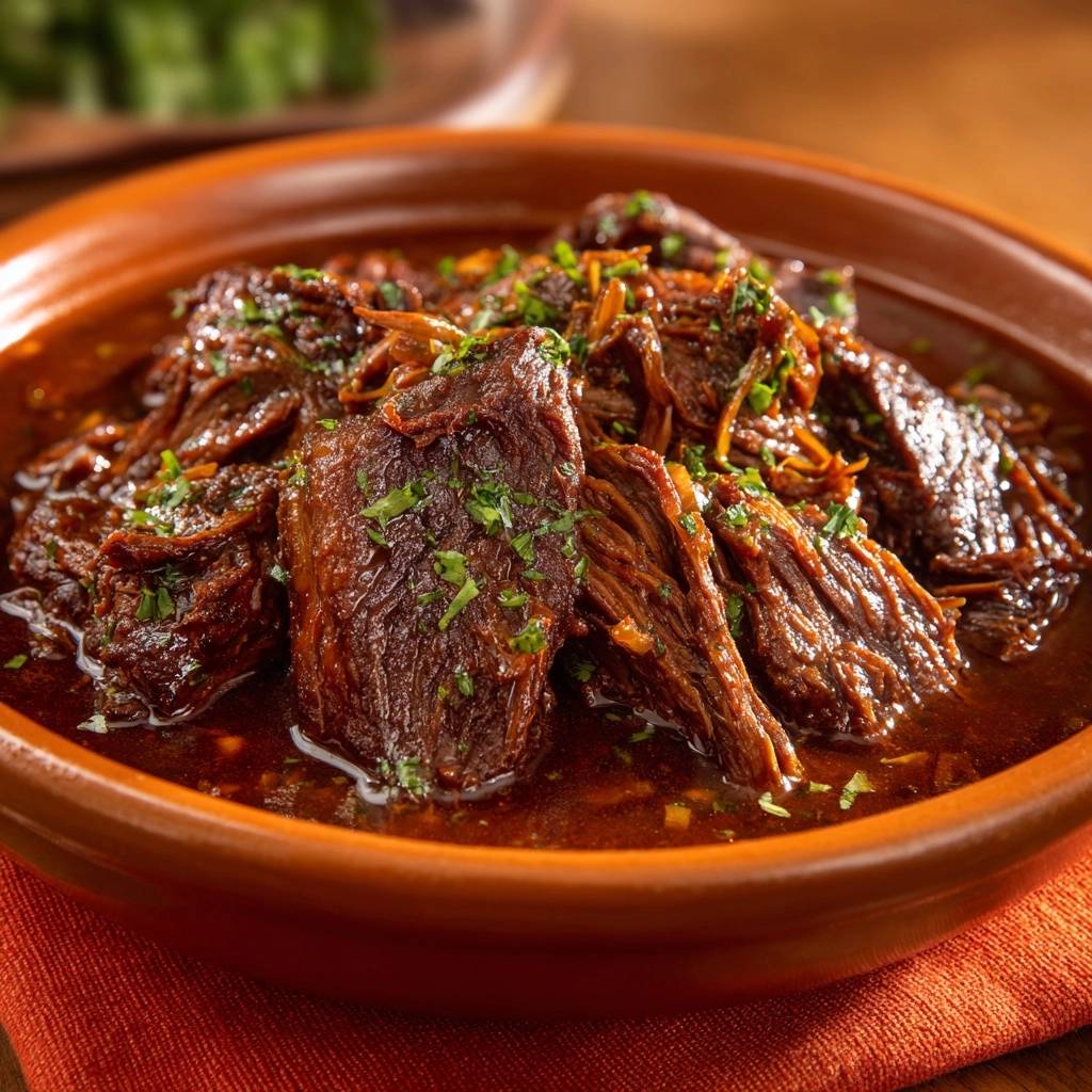 Zartes Rindergulasch Nahaufnahme Serviert 1 Zartes Rindergulasch, serviert in einer rustikalen Schale. Die Nahaufnahme zeigt das butterzarte Fleisch, garniert mit frischer Petersilie und einer reichen Sauce.