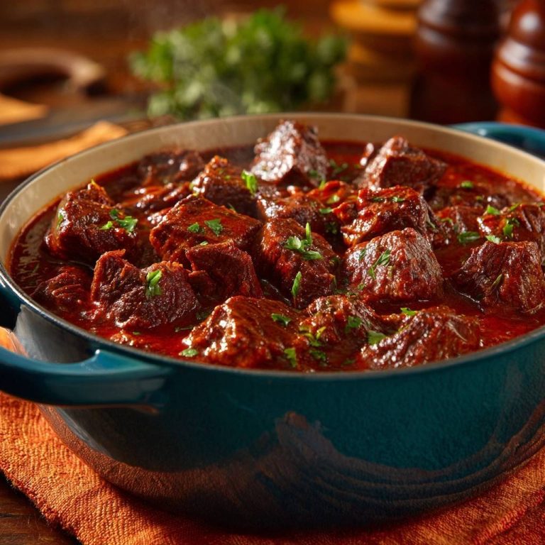 Zartes Rindergulasch in einem Topf aus nächster Nähe, angerichtet mit frischen Kräutern und dampfend heiß.