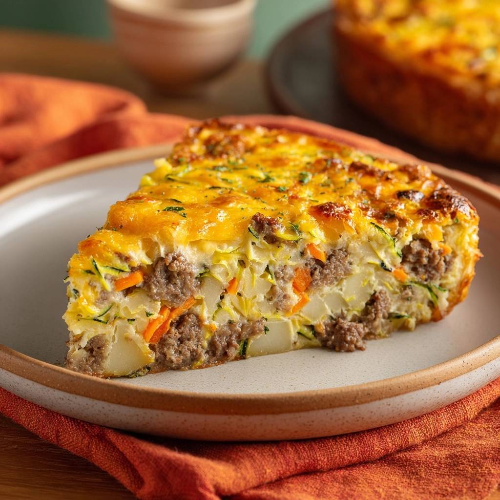 Zucchini Karotten Hack Gratin Querschnitt 1 Zucchini-Karotten-Hack-Gratin mit einem saftigen Querschnitt, der die geschichteten Zutaten des Auflaufs zeigt, serviert auf einem Teller.