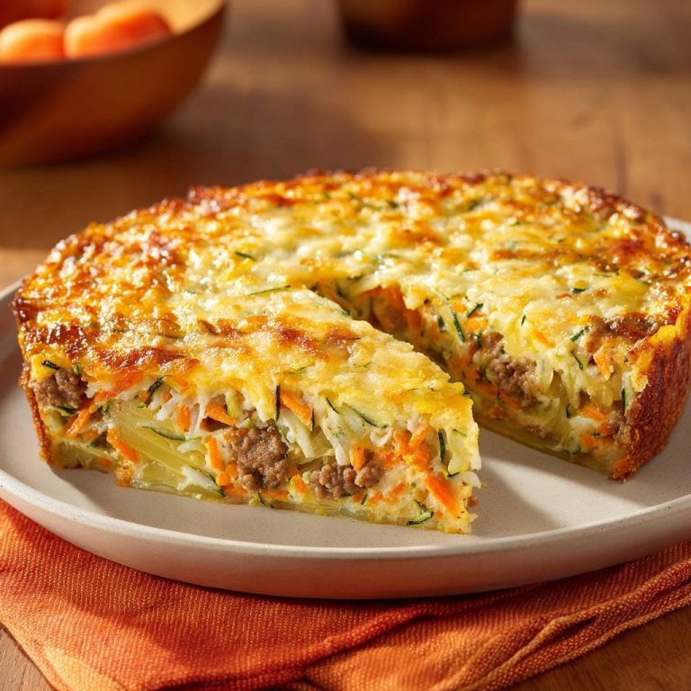 Zucchini-Karotten-Hack-Gratin mit einem Anschnitt, der die leckeren Schichten aus Gemüse und Hackfleisch zeigt.