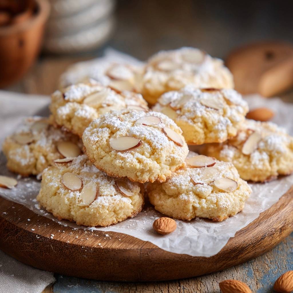 Amaretti Mandelkekse Draufsicht Serviert 1 Amaretti Mandelkekse, draufsicht serviert auf einem rustikalen Holzbrett, bestäubt mit Puderzucker und Mandelblättchen.