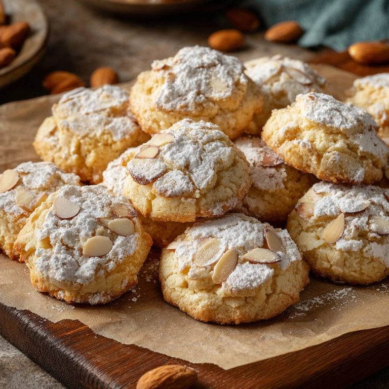 Amaretti Mandelkekse in Nahaufnahme, reichlich mit Puderzucker bestäubt und mit Mandelblättchen belegt, serviert auf einem Holzbrett.