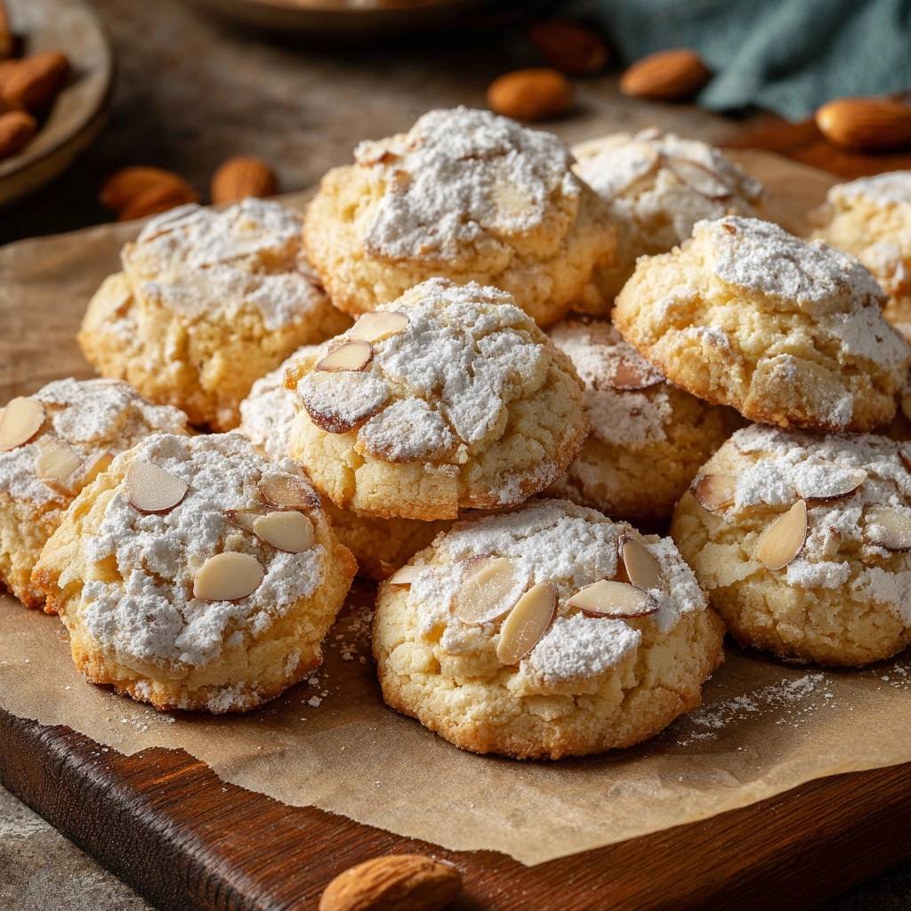 Amaretti Mandelkekse in Nahaufnahme, reichlich mit Puderzucker bestäubt und mit Mandelblättchen belegt, serviert auf einem Holzbrett.