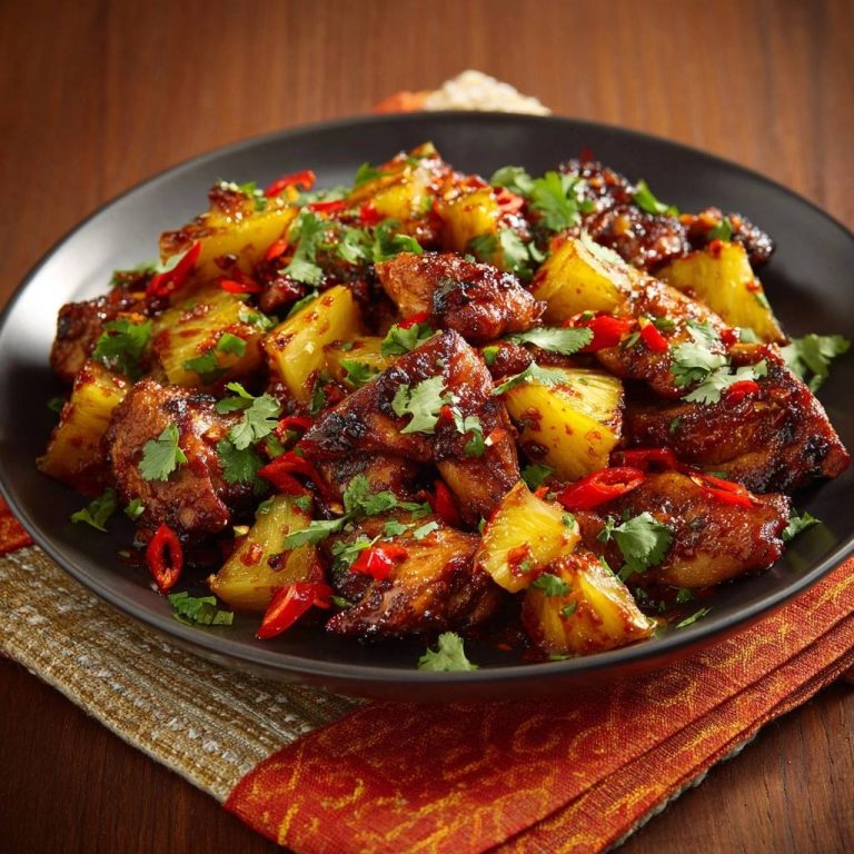 Ananas-Chili-Hähnchen, serviert auf einem schwarzen Teller, mit frischen Chilischoten und Koriander garniert, aufgenommen aus der Vogelperspektive.