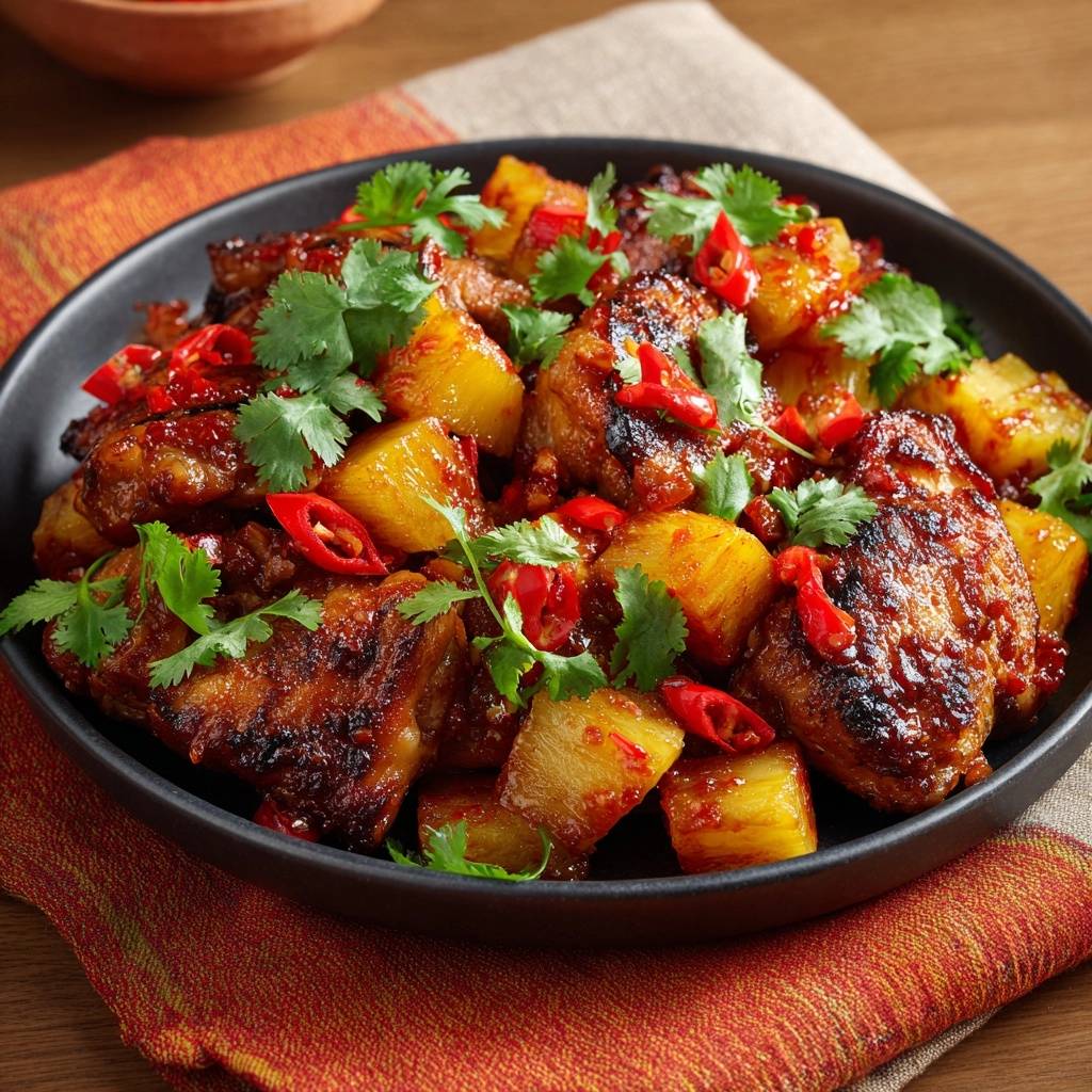 Ananas Chili Huhn Draufsicht Garniert 1 Ananas-Chili-Hähnchen, serviert in einer dunklen Schale, garniert mit frischem Koriander und roten Chilischoten. Eine köstliche Draufsicht.