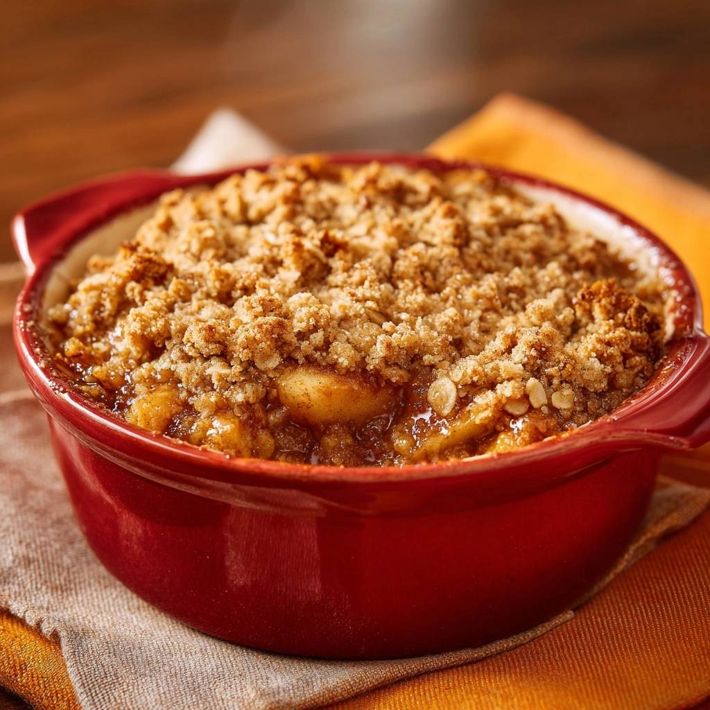Apfel Crumble Nahaufnahme 1 Apfel-Crumble in Nahaufnahme, gebacken in einer roten Auflaufform, mit knuspriger Krume und einem Blick auf die saftigen Äpfel.