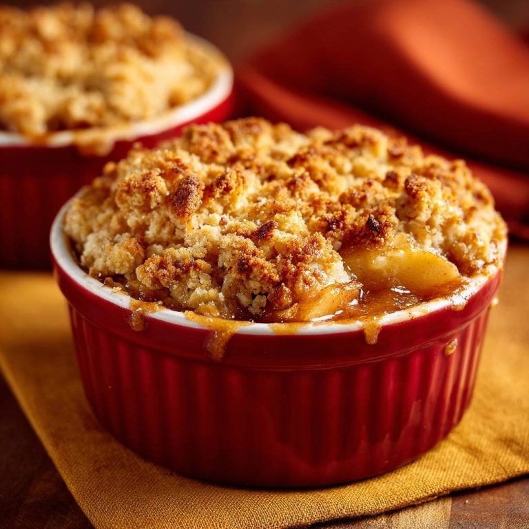 Apfel-Crumble in einer roten Auflaufform, serviert und mit einer knusprigen Streuselkrume bedeckt, die zum Reinbeißen einlädt.