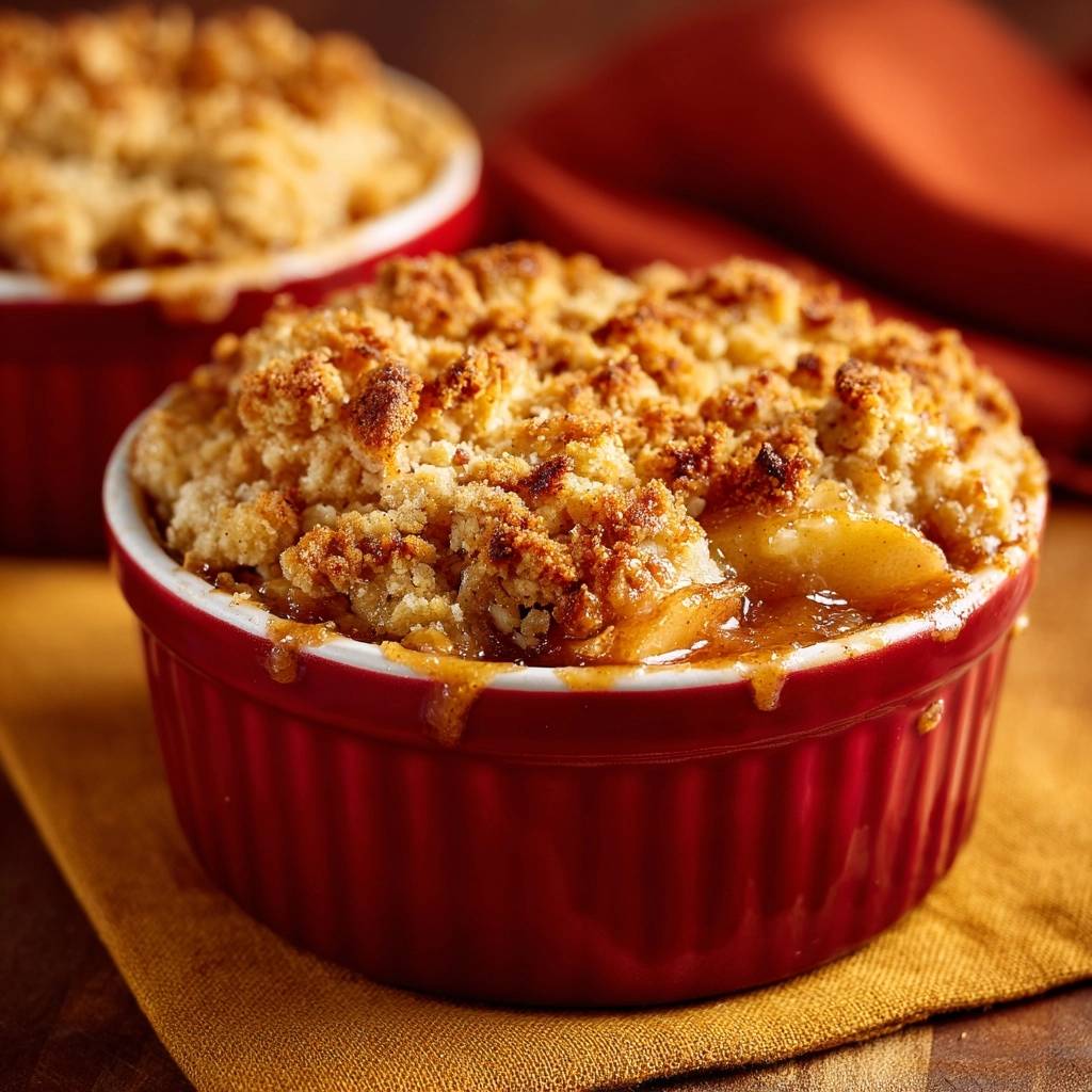 Apfel-Crumble in einer roten Auflaufform, serviert und mit einer knusprigen Streuselkrume bedeckt, die zum Reinbeißen einlädt.