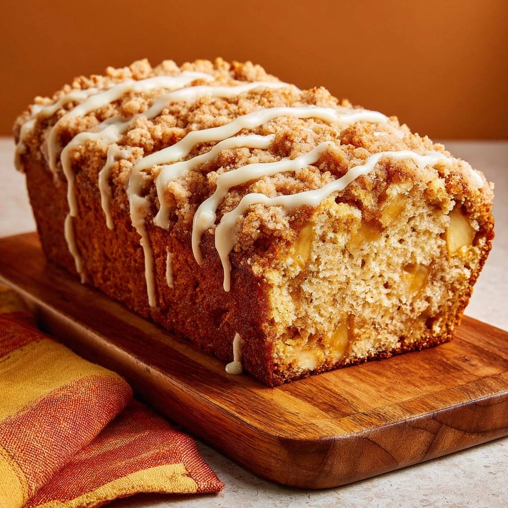 Apfel Streuselkuchen Querschnitt Nahaufnahme 1 Apfel-Streuselkuchen mit knusprigen Streuseln, im Querschnitt mit sichtbaren Apfelstücken, serviert auf einem Holzbrett.