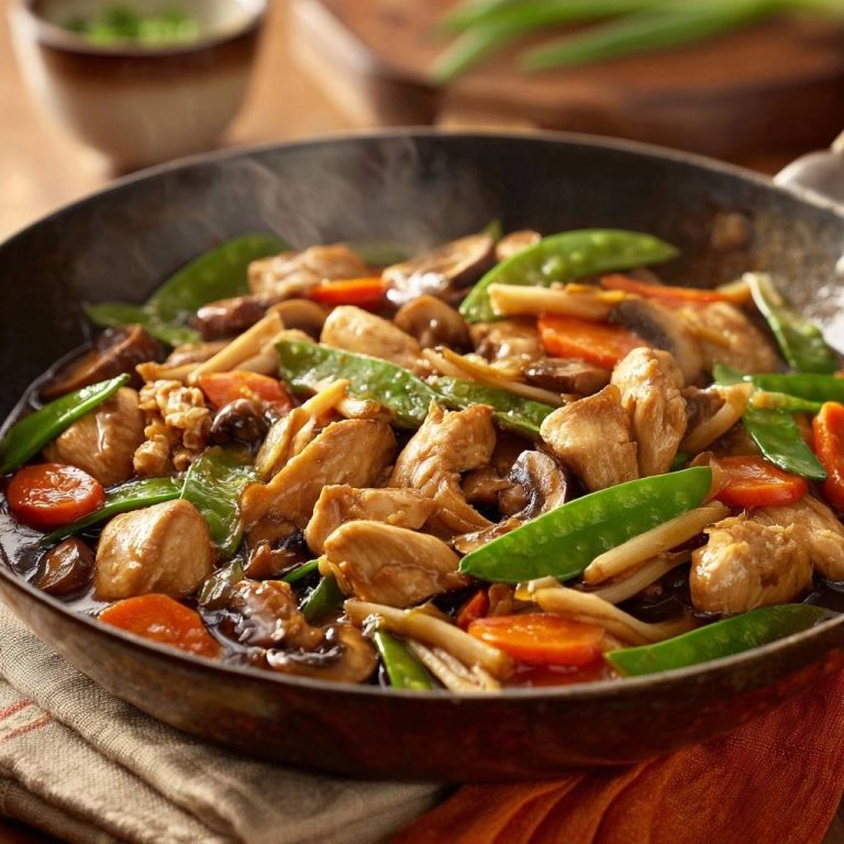 Asiatischer Hähnchen-Gemüse-Wok in einer Nahaufnahme, dampfend serviert mit Hähnchen, Gemüse und einer köstlichen Sauce.