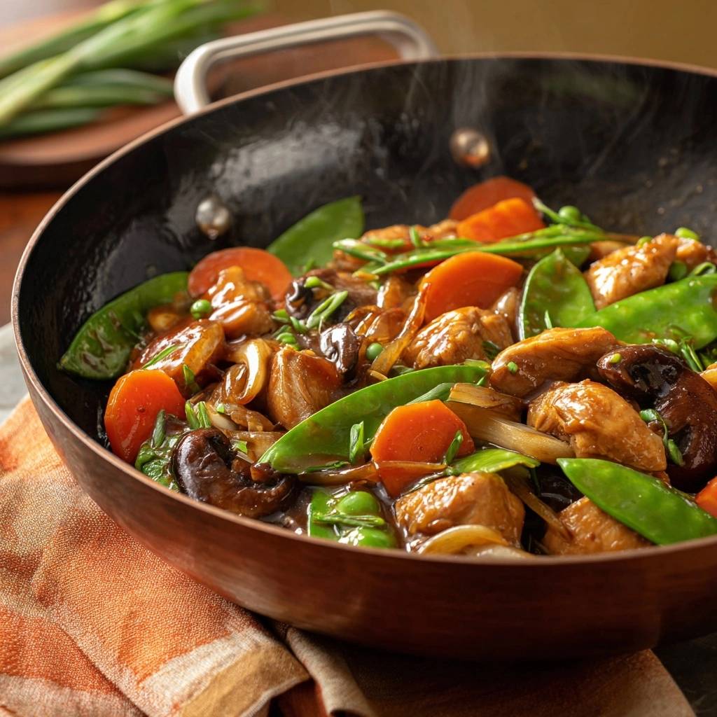 Asiatischer Hhnchen Gemse Wok Nahaufnahme 1 Asiatischer Hähnchen-Gemüse-Wok in einer Nahaufnahme, dampfend im Wok, mit knackigem Gemüse und saftigem Hähnchen.