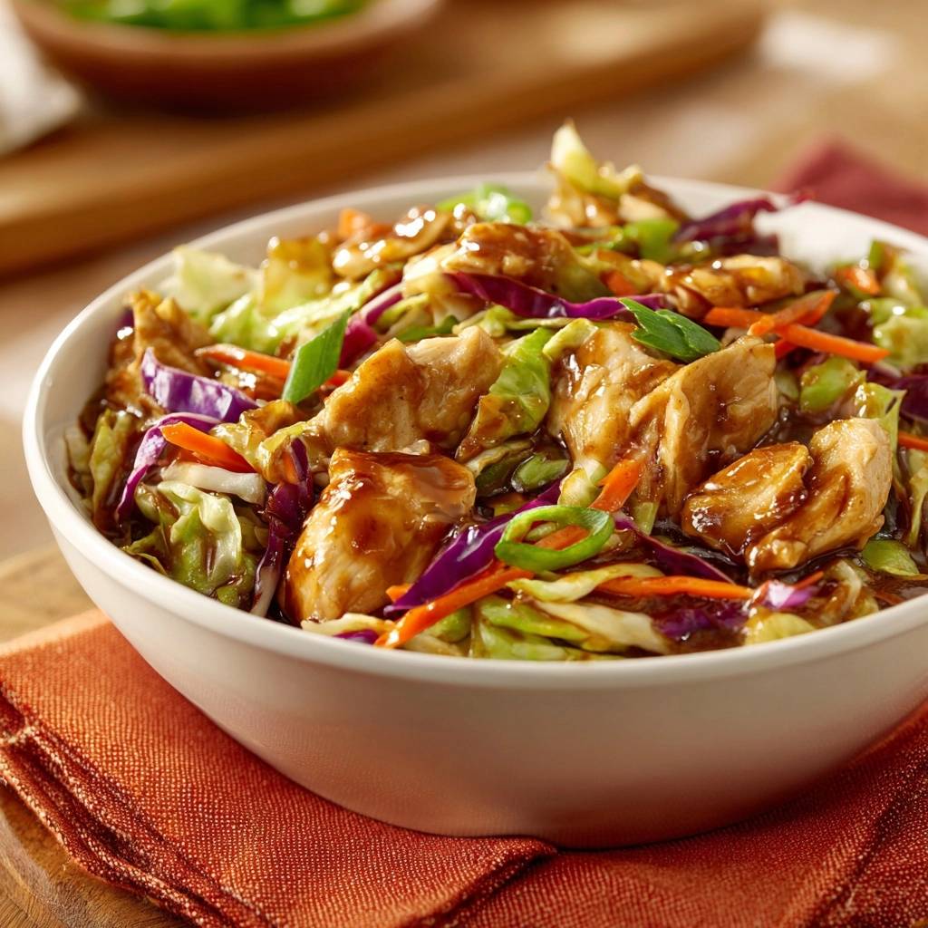 Asiatisches Hahnchen Kraut Wok Draufsicht 1 Asiatisches Hähnchen-Kraut-Wok in einer Schüssel, serviert mit knackigem Kraut, saftigem Hähnchen und einer köstlichen Sauce.