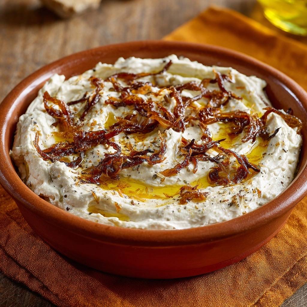 Baba Ganoush Mit Karamellisierten Zwiebeln Draufsicht 1 Baba Ganoush mit karamellisierten Zwiebeln, eine Nahaufnahme von oben, garniert mit knusprigen, karamellisierten Zwiebeln und Olivenöl.
