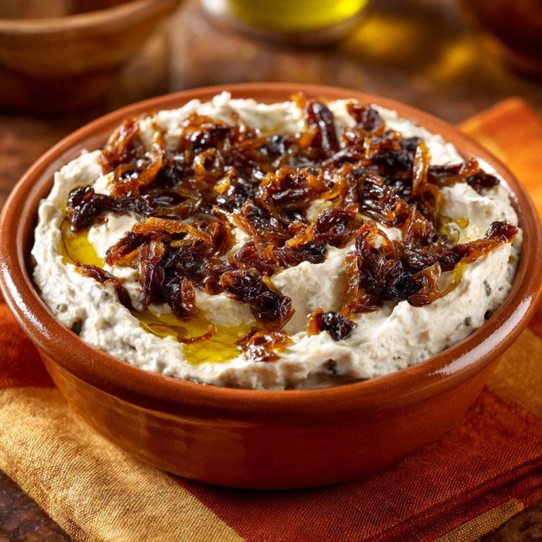 Baba Ganoush mit karamellisierten Zwiebeln, serviert in einer rustikalen Schale. Die cremige Paste ist mit goldenen karamellisierten Zwiebeln und Olivenöl beträufelt.