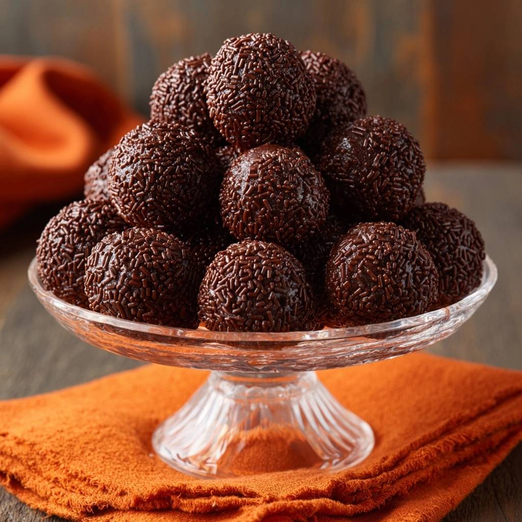 Brasilianische Brigadeiros Auf Dem Servierteller 1 Brasilianische Brigadeiros, liebevoll angerichtet auf einem eleganten Servierteller, bereit zum Genießen. Die süßen Kugeln sind mit Schokostreuseln bedeckt.