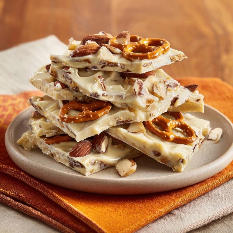 Brezel-Mandel-Weißschokoladen-Bark, serviert auf einem Teller. Köstliche Schichten aus Brezeln, Mandeln und weißer Schokolade, perfekt für einen süßen Genuss.