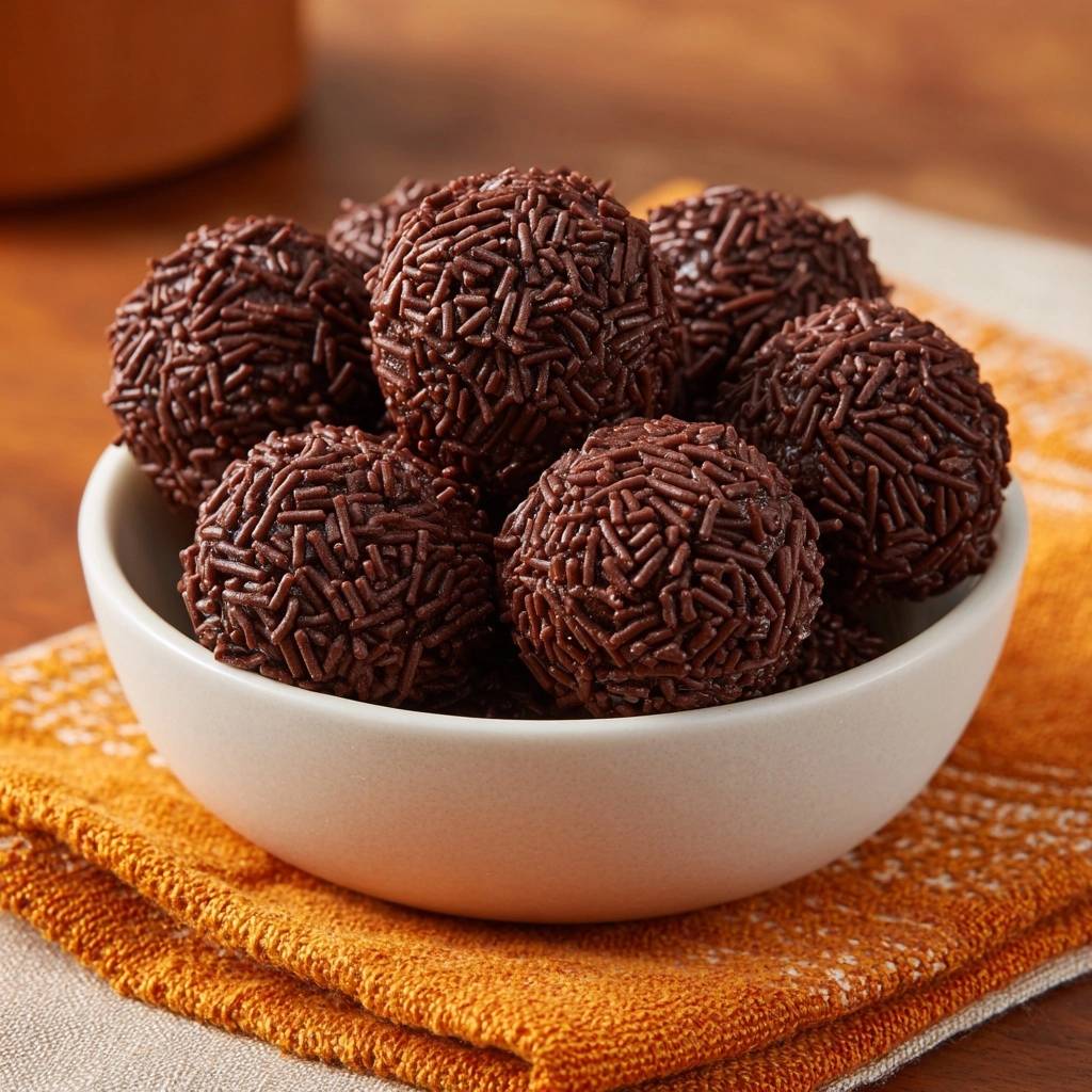 Brigadeiros Nahaufnahme Schokostreusel 1 Brigadeiros in einer weißen Schüssel. Die hausgemachten Schokoladenkugeln sind dicht mit Schokostreuseln bedeckt, bereit zum Genießen.