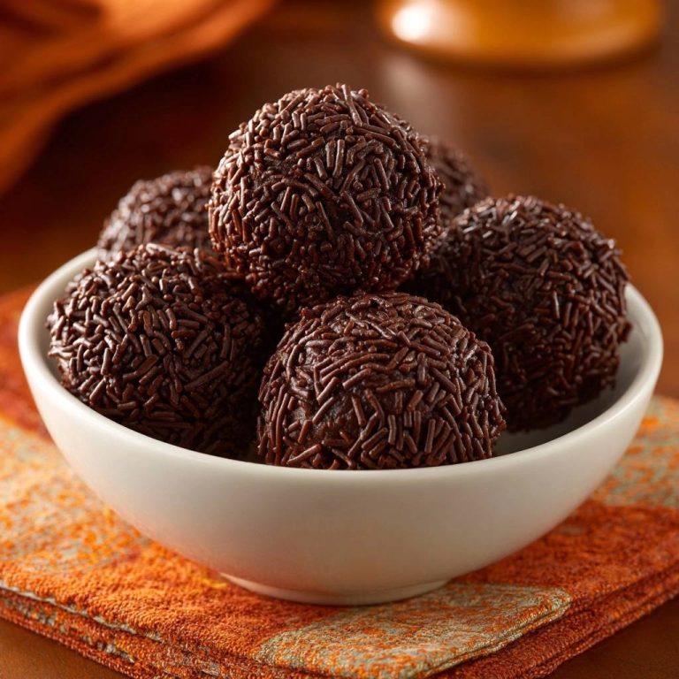 Brigadeiros in einer weißen Schale, eine Nahaufnahme mit Fokus auf die Textur der Schokostreusel, die die kleinen Kugeln bedecken.