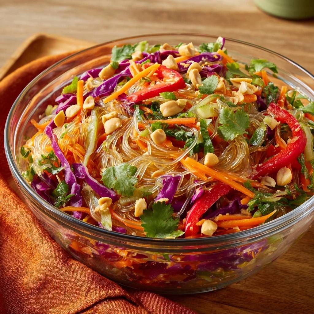 Bunter Glasnudelsalat Draufsicht Serviert 1 Bunter Glasnudelsalat, serviert in einer Glasschüssel, zeigt eine farbenfrohe Mischung aus Gemüse, Glasnudeln und Erdnüssen.