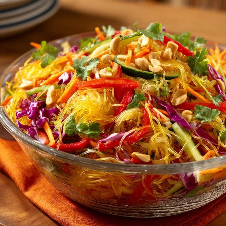 Bunter Glasnudelsalat, frisch zubereitet und serviert, präsentiert eine farbenfrohe Mischung aus Gemüse und knackigen Erdnüssen in einer Glasschüssel.