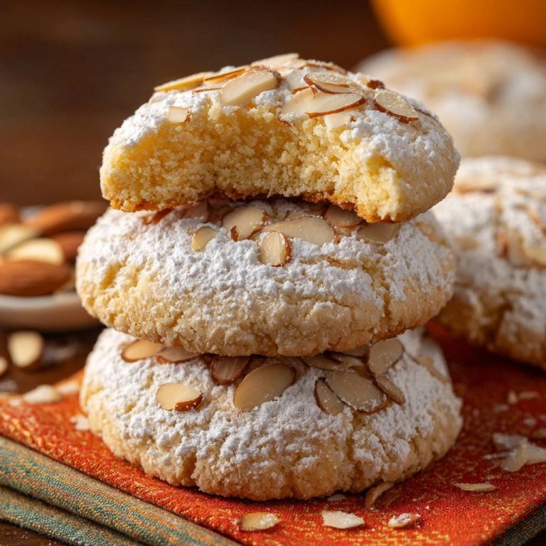 Butterzarte Mandelkekse im Nahaufnahme zeigen die weiche Textur und den Biss, garniert mit Mandelblättchen und Puderzucker.