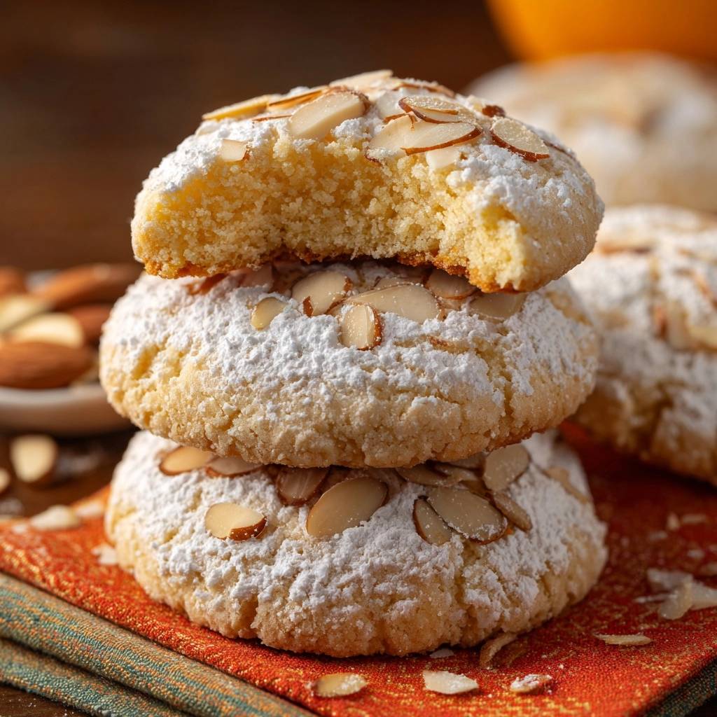 Butterzarte Mandelkekse im Nahaufnahme zeigen die weiche Textur und den Biss, garniert mit Mandelblättchen und Puderzucker.