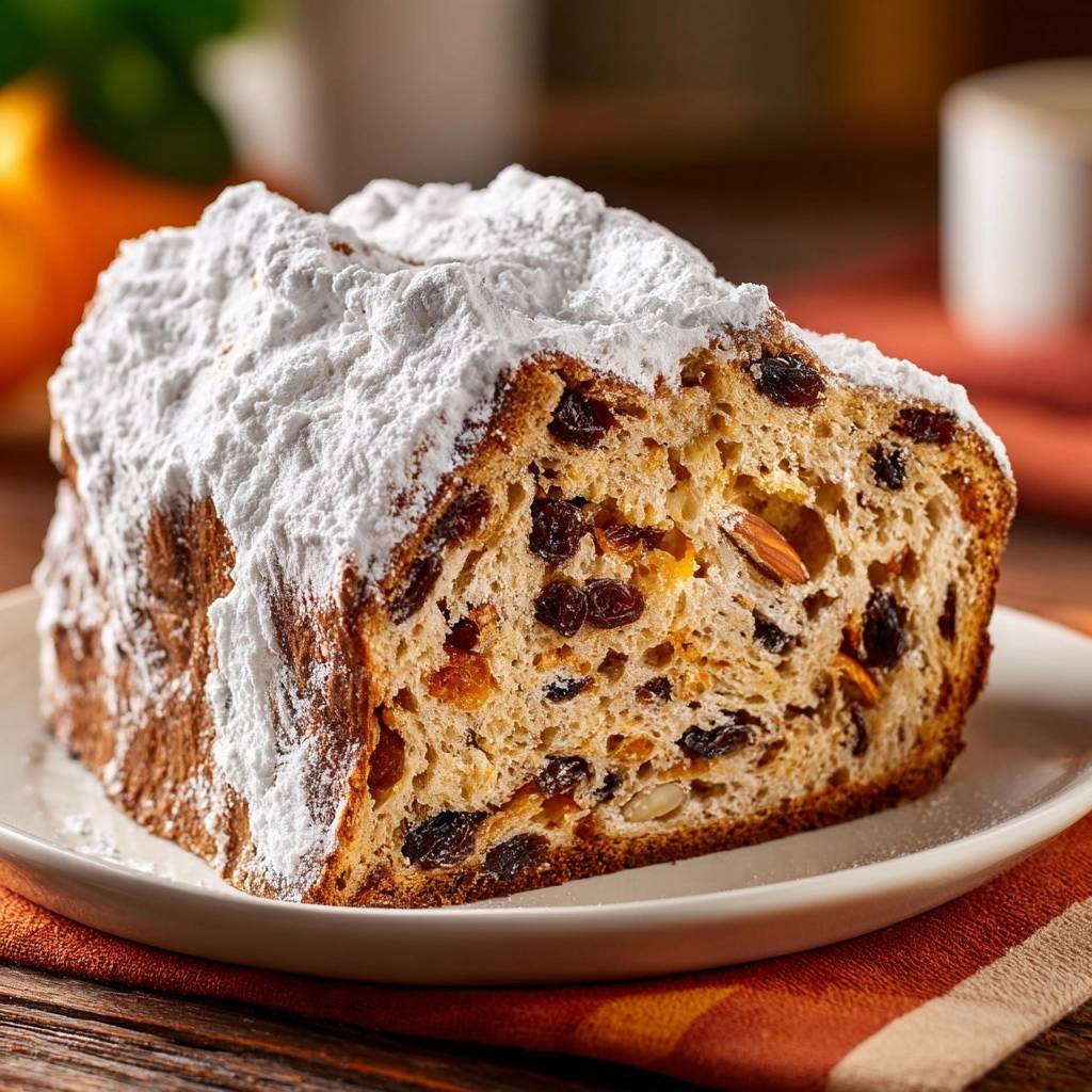 Christstollen Querschnitt Nahaufnahme 1 Christstollen, ein traditionelles deutsches Weihnachtsgebäck, im Nahaufnahme-Querschnitt, der die fruchtige Füllung und den Puderzucker zeigt.