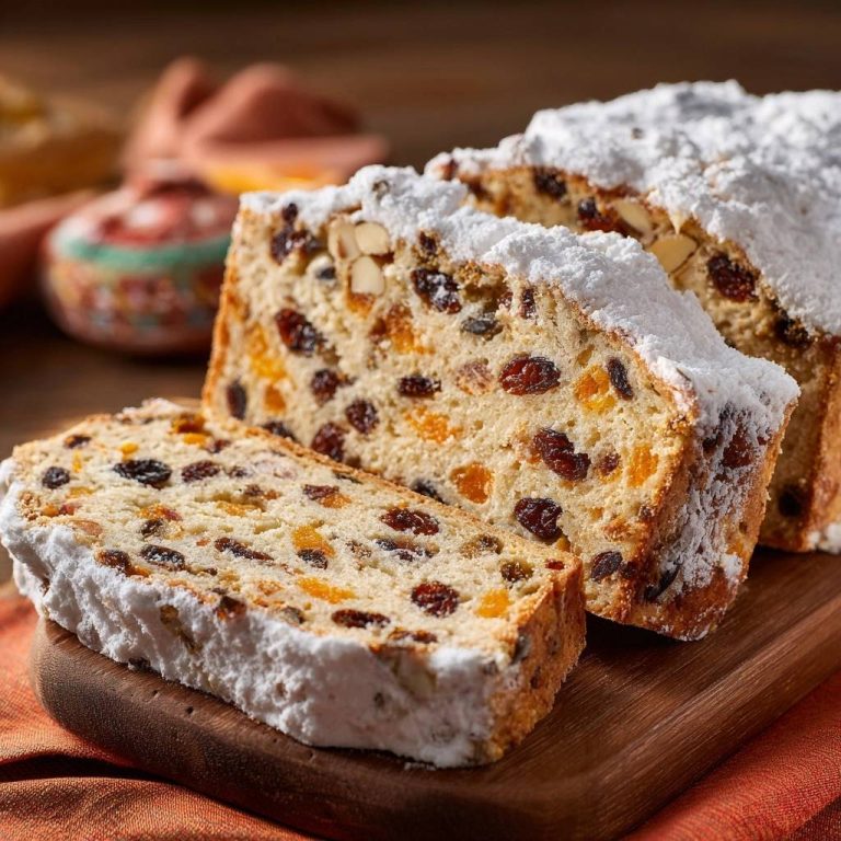 Christstollen wie vom Bäcker im Nahaufnahme, mit einem angeschnittenen Stück, das die fruchtige Füllung und den Puderzucker zeigt.