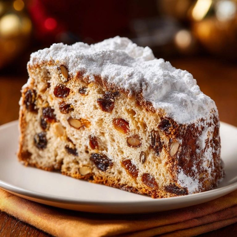 Christstollen mit Rosinen und Mandeln: Nahaufnahme eines saftigen Stücks, das auf einem Teller serviert wird, mit Puderzucker bestäubt.